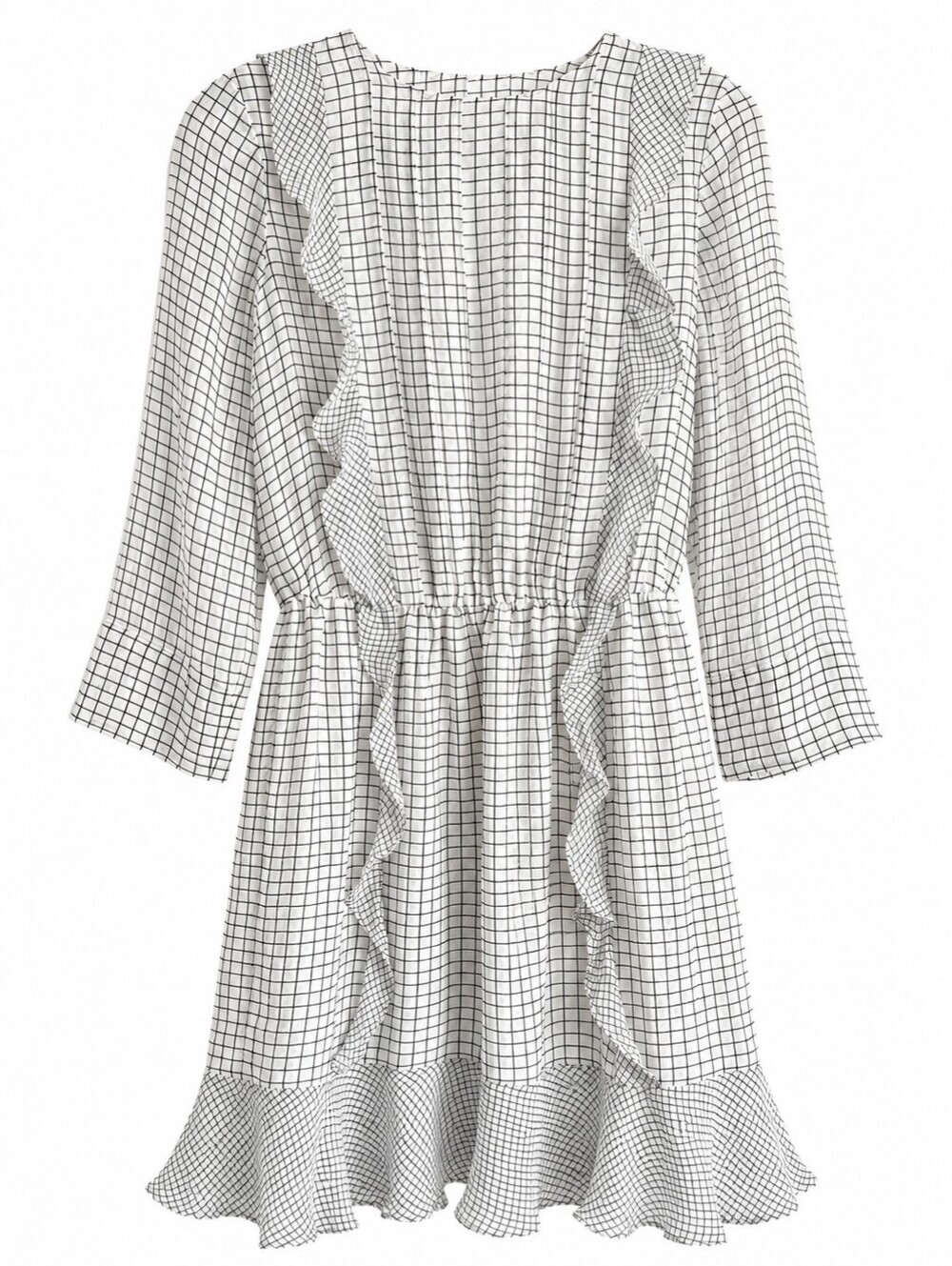 Club Monaco 100% Silk Grid Print Ruffle Dress White Black Long Sleeve Mini XXS - Picture 2 of 8